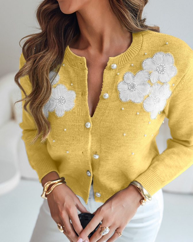 Floral Applique & Pearls Decor Round Neck Single Breasted Knit Cardigan Casual Sweater Coat