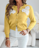 Floral Applique & Pearls Decor Round Neck Single Breasted Knit Cardigan Casual Sweater Coat