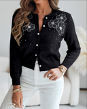 Floral Applique & Pearls Decor Round Neck Single Breasted Knit Cardigan Casual Sweater Coat