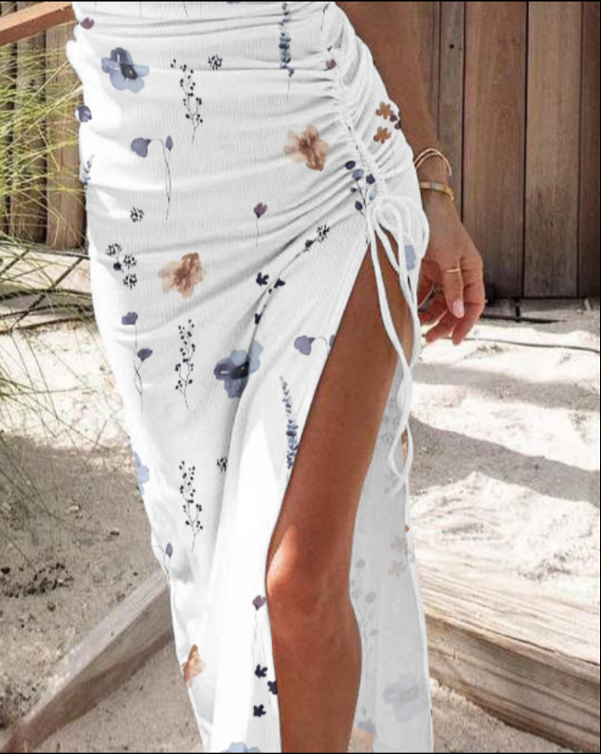 Floral Print U-Neck Thick Strap Drawstring Slit Vacation Dress Casual Divahotcouture Floral Print U-Neck Thick Strap Drawstring Slit Vacation Dress Casual Divahotcouture