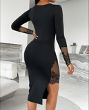 Square Neck Long Sleeve Eyelash Lace Patchwork Slit Evening Dress Asymmetrical Hem Slim Fit Dress