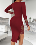 Square Neck Long Sleeve Eyelash Lace Patchwork Slit Evening Dress Asymmetrical Hem Slim Fit Dress
