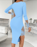 Square Neck Long Sleeve Eyelash Lace Patchwork Slit Evening Dress Asymmetrical Hem Slim Fit Dress