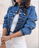 Stand Collar Long Sleeve Button Front Coat Casual Spring Denim Jacket