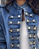 Stand Collar Long Sleeve Button Front Coat Casual Spring Denim Jacket