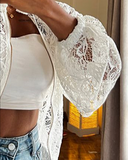 White  Flower Decor Lace See Through Crop Jacket Casual Loose Fit Long Sleeve Coat