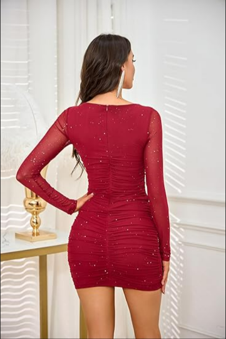 Square Neck Mesh Bodycon Mini Dress Long Sleeve Ruched Wedding Guest P –  Divahotcouture