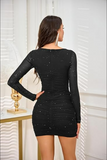 Square Neck Mesh Bodycon Mini Dress Long Sleeve Ruched Wedding Guest Party Cocktai Party Dresses