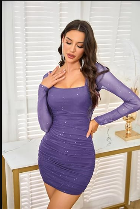 Square Neck Mesh Bodycon Mini Dress Long Sleeve Ruched Wedding Guest Party Cocktai Party Dresses