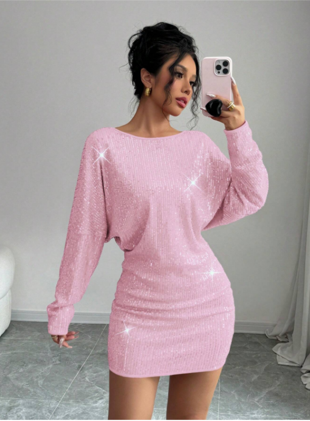 Sequin Sleeve Asymmetrical Neck Party Dress