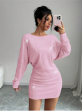 Sequin Sleeve Asymmetrical Neck Party Dress