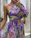 Lantern Sleeve One Shoulder High Slit Floral Maxi Dress