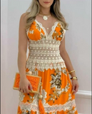 Floral Print Contrast Lace Split Hem Maxi Dress