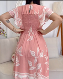 Tropical Print Round Neck Short Sleeve Shirred Dress