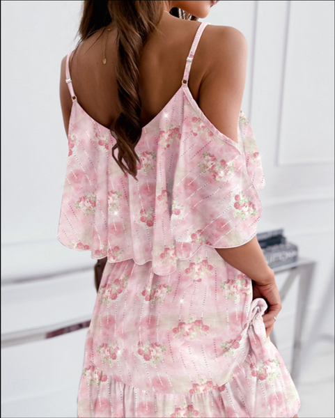 Glitter Lurex Floral Print Cold Shoulder Spaghetti Strap Ruffles Layered Dress S