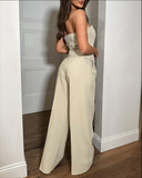 2 Pieces Outfit Side Buckle Design Bandeau Back Shirred Top and Casual Straight Leg Pants Set