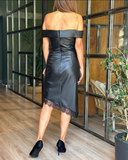 Black PU Bandeau off shoulder Mini Chic  Lace Dress