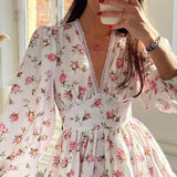 Floral Women's Dresses 2023 Spring/Summer Lady  Sweet Print V-Neck Lace Short Dress Female Robe