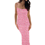 Women Summer Floral V Neck Spaghetti Strap Cam Dress For Woman Robe Sexy Bodycon Split Chic Mid-Calf Aesthetic Dress