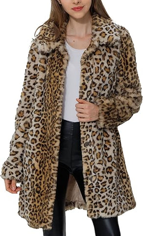 Womens Leopard Print Fleece Coat, Spring and Winter Fashion Fuzzy Jacket Faux Fur Fluffy Cardigan