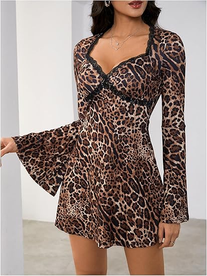 Women's Leopard Print Dress Bell SleeveLace Trim Sweetheart Short Dresses Cheetah Print Dresses