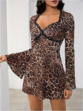 Women's Leopard Print Dress Bell SleeveLace Trim Sweetheart Short Dresses Cheetah Print Dresses
