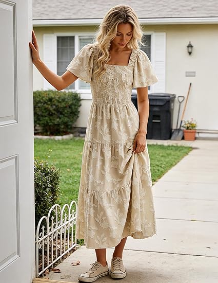 Women's Summer Boho Floral Midi Dress 2026 Casual Short Sleeve Square – Divahotcouture