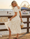 Women‘s Summer Boho Floral Midi Dress 2026 Casual Short Sleeve Square Neck Flowy Beach Vacation Long Dress
