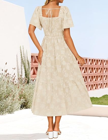 Women's Summer Boho Floral Midi Dress 2026 Casual Short Sleeve Square – Divahotcouture