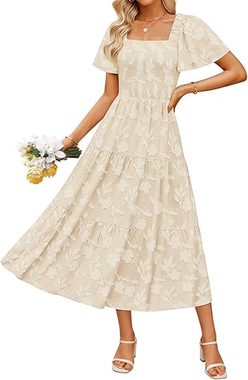 Women's Summer Boho Floral Midi Dress 2026 Casual Short Sleeve Square – Divahotcouture
