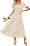 Women‘s Summer Boho Floral Midi Dress 2026 Casual Short Sleeve Square Neck Flowy Beach Vacation Long Dress