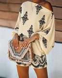 Women's Vintage Print Two-Piece Set Off-Shoulder Batwing Sleeve Top and High-Waisted Shorts Casual Vacation Set