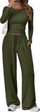 Women's 2 Piece Matching Lounge Set Long Sleeve Slightly Crop Top Wide Leg Pants Casual Sweatsuit