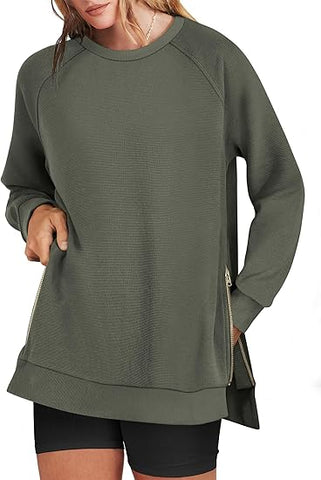 Women's Oversized Sweatshirts Crewneck Long Sleeve Tunic Pullover Shirts Side Zipper Hoodies 2025 Fall Clothes