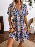 Printed V-Neck Short Sleeve Dress