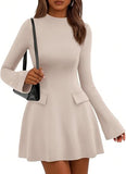Women's Fall Mini Dress  Long Bell Sleeve Mock Neck Bodycon Elegant Work Wedding Guest Party Short Dresses