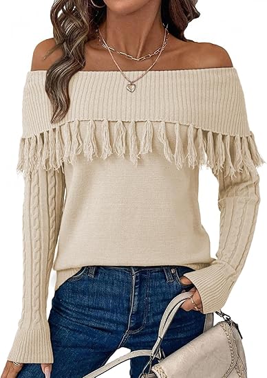 Womens Off The Shoulder Sweater Fall Fringe Long Sleeve Loose Pullover Sweaters Tops