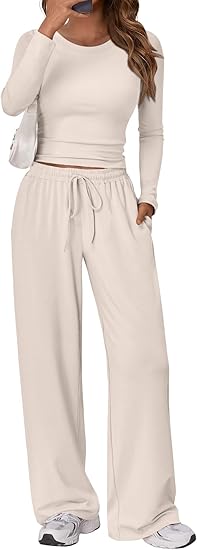 Women's 2 Piece Matching Lounge Set Long Sleeve Slightly Crop Top Wide Leg Pants Casual Sweatsuit