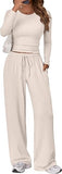 Women's 2 Piece Matching Lounge Set Long Sleeve Slightly Crop Top Wide Leg Pants Casual Sweatsuit