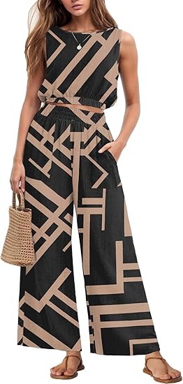 Two Piece Sets for Women Sleeveless Crop Top Wide Leg Pants Sweat Set geometric print