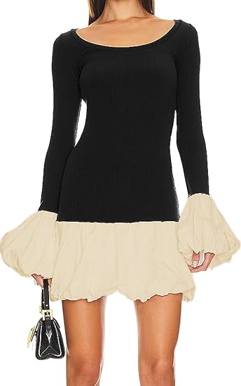 Women's 2025 Fall Dress Sexy Crew Neck Puffy Long Sleeve Bubble Party Club Bodycon Mini Dresses