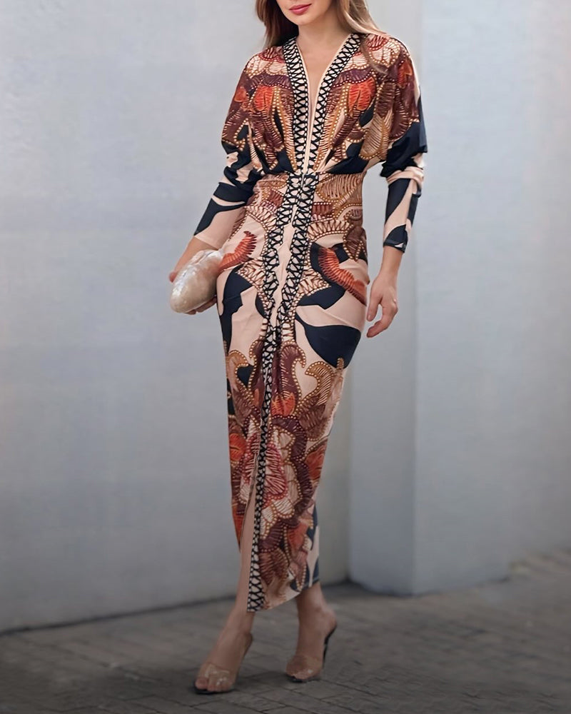 Vintage Baroque Deep V Neck Long Sleeve Slit Bodycon Dress Ruched Slim Fit Vacation Dress(Ship in 7-15 Days)