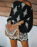 Women's Vintage Print Two-Piece Set Off-Shoulder Batwing Sleeve Top and High-Waisted Shorts Casual Vacation Set