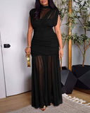 Mock Neck Sleeveless Sheer Mesh Spliced Maxi Dress Elegant Cinched Waist Zipper Side Ruched Evening Dress