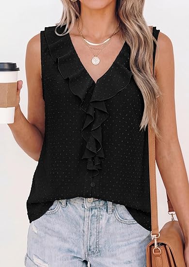 Womens Tank Tops 2026 Summer Dressy Casual Blouses Sleeveless Ruffle V Neck Swiss Dot Button Down Work Shirts