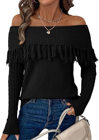Womens Off The Shoulder Sweater Fall Fringe Long Sleeve Loose Pullover Sweaters Tops