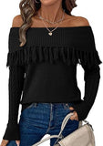 Womens Off The Shoulder Sweater Fall Fringe Long Sleeve Loose Pullover Sweaters Tops