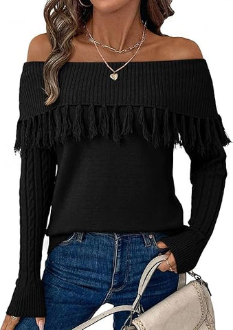 Womens Off The Shoulder Sweater Fall Fringe Long Sleeve Loose Pullover Sweaters Tops