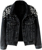 Women's Jean Jacket Embroidered Rivet Pearl Short Denim Jacket Coat