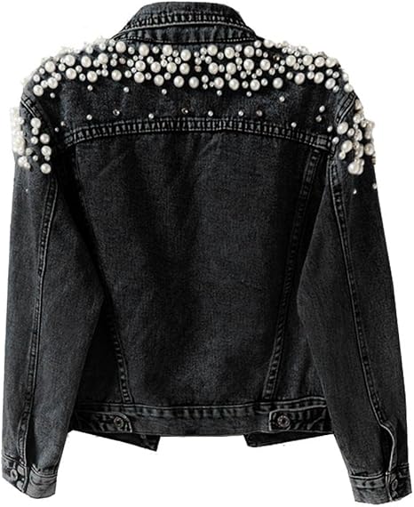 Women's Jean Jacket Embroidered Rivet Pearl Short Denim Jacket Coat